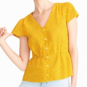 J.Crew Yellow Eyelet Peplum Top Button Front Cotton Blouse Sz 10 Summer